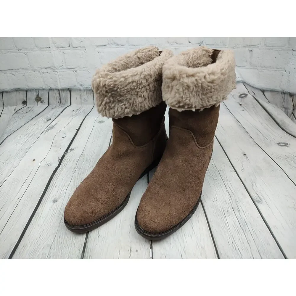 G.H. Bass Aria Womens 6.5M Brown‎ Suede Faux Shearling Fold Over Mid Calf Boots